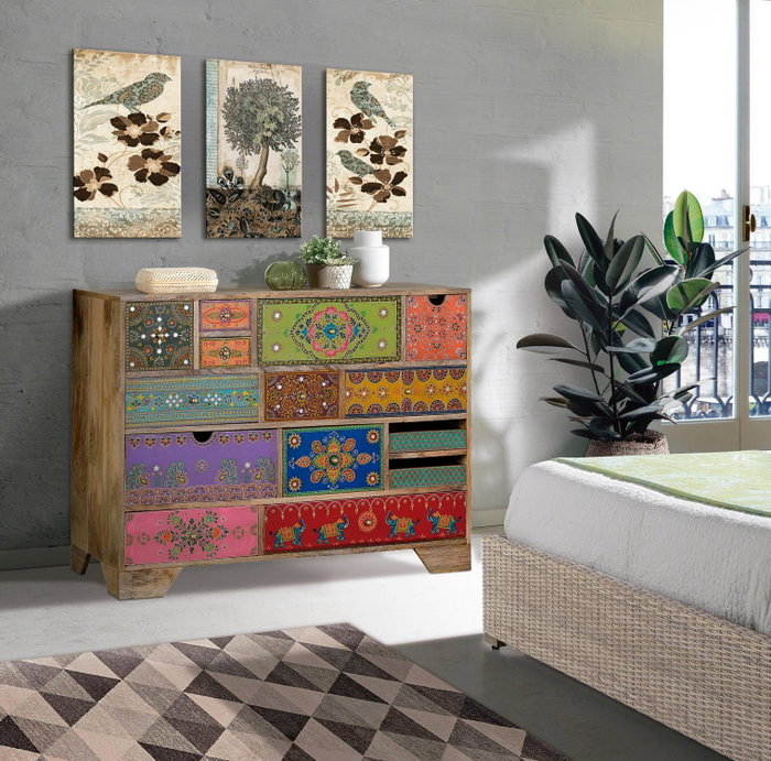 GINER Y COLOMER Cómoda de madera de mango con 14 cajones pintados a mano multicolor